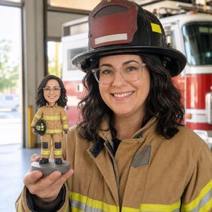 May include: A custom bobblehead figurine depicting a person with dark wavy hair and clear-framed glasses, wearing a tan firefighter uniform with yellow reflective stripes, holding a miniature black helmet while standing on a circular gray base.