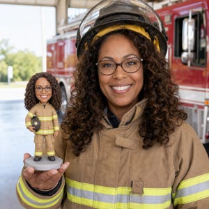 May include: A custom bobblehead figurine depicting a firefighter with curly brown hair and glasses, wearing a tan uniform with yellow reflective stripes. The figurine holds a small helmet and stands on a circular gray base, mirroring the appearance of the person.