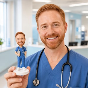 May include: A custom bobblehead figurine depicting a male healthcare professional with red hair and a beard, wearing blue scrubs, a stethoscope, and holding a gray clipboard, standing on a circular white base, held in a hand.