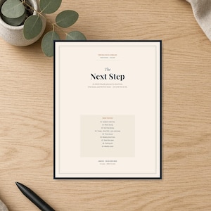 May include: A cream-colored planner page titled The Next Step with dark blue text. It includes sections for an ADHD-friendly planner, a list of nine contents from 01 to 09, and notes indicating it is a printable digital download for high school and college.