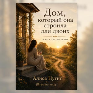 May include: A book cover featuring a person sitting on wooden steps of a house, holding a cup, overlooking a dirt path at sunset. The text reads: "Дом, который она строила для двоих", "СКАЗКА ДЛЯ ВЗРОСЛЫХ", "Алиса Нутиг", and the Instagram handle "@alisa.nutig".