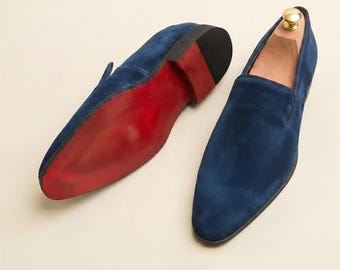 Marineblaue Wildleder Penny Loafers Herren | Handgemachte Slip-On | Benutzerdefinierte Größe | Ledersohle