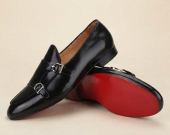 Black Leather Double Monk Loafers, Handmade Men's Formal Shoes, Red Sole