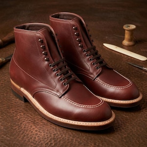 Könnte beinhalten: Ein Paar dunkelbraune Lederstiefel mit Mokassin-Naht und sichtbaren weißen Ziernähten an der Schuhspitze. Die Stiefel haben einen hohen Schaft, dunkelbraune Schnürsenkel, Metallösen sowie einen Absatz mit einer hellen Rahmennaht.
