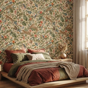 Pode incluir: Uma estrutura de cama baixa de madeira com um edredão cor de ferrugem, almofadas verde-azeitona e uma manta de malha bege. A parede atrás da cama está coberta com papel de parede com um padrão de selva com leopardos, macacos e papagaios.