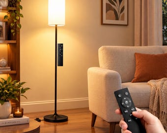 Dimmable LED Floor Lamp with Remote Control, Black Standing Light for Living Room, Tall Modern Pole Lamp for Bedroom & Office