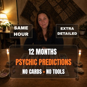 May include: A person sits behind a wooden table with tarot cards, two lit candles, and crystals. Text overlays read: SAME HOUR, EXTRA DETAILED, 12 MONTHS PSYCHIC PREDICTIONS, NO CARDS, NO TOOLS. The scene is dimly lit with a warm lamp and a wall tapestry.