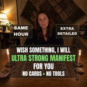 May include: A person sits behind a wooden table with two lit candles and tarot cards. Text overlays read: SAME HOUR, EXTRA DETAILED, WISH SOMETHING, I WILL ULTRA STRONG MANIFEST FOR YOU, NO CARDS, NO TOOLS. The scene is dimly lit with a warm glow.