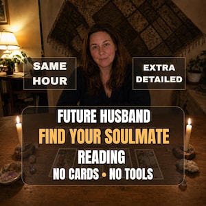 May include: A person sits at a wooden table with two lit candles and tarot cards. Text overlays read: SAME HOUR, EXTRA DETAILED, FUTURE HUSBAND FIND YOUR SOULMATE READING, NO CARDS • NO TOOLS. The scene is dimly lit with a warm glow from the candles.