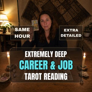 May include: A tarot reading service featuring text that reads SAME HOUR, EXTRA DETAILED, and EXTREMELY DEEP CAREER & JOB TAROT READING. The image shows a person holding a tarot card over a wooden table with candles and scattered cards.