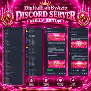Op de afbeelding: Een digitale grafische weergave van een volledig ingestelde Discord-server door DigitalLabByAziz. Het ontwerp heeft een levendig roze thema met gouden kronen en leeuwenemblemen, met meerdere interfacepanelen en tekstkanalen.