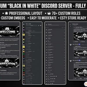 Schwarz-Weiß-Discord-Server-Vorlage mit über 70 Rollen und Verifizierung (Digitaler Download)