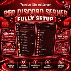 Op de afbeelding: Een digitale afbeelding met een rood thema voor een Discord-serveropstelling. Twee smartphoneschermen tonen kanaallijsten en serverrollen. Tekst bevat Premium Discord Server, Red Discord Server Fully Setup, Welcome, Verification, Self Roles en Age Roles.