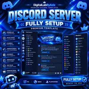 Könnte beinhalten: Eine digitale Vorlage für einen Discord-Server mit einer dunkelblauen Neon-Ästhetik. Die Grafik zeigt eine Server-Oberfläche mit Kanälen, Rollen und Mitgliederlisten sowie Text, einschließlich DigitalLabByAziz und Discord Server Fully Setup.
