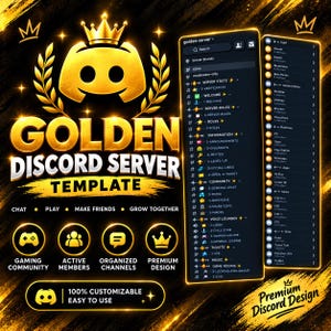 Könnte beinhalten: Eine digitale Grafik für eine goldene Discord-Server-Vorlage mit einem goldenen Discord-Logo, einer Krone und Lorbeerkränzen sowie dem Text GOLDEN DISCORD SERVER TEMPLATE. Enthält eine Vorschau der Serverkanäle und Rollen auf schwarzem Grund.