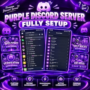 Op de afbeelding: Een digitale grafische weergave voor een paarse Discord-serveropstelling met twee smartphoneschermen die kanaallijsten en serverrollen tonen. Tekst bevat Purple Discord Server Fully Setup, Welcome To Our Community, Verification, Self Roles, Age Roles en Join Now.
