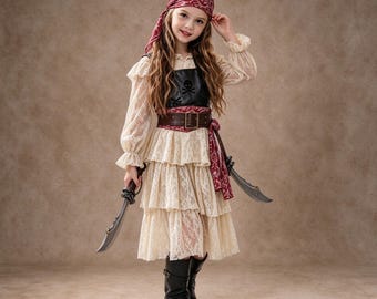Déguisement de pirate pour fille, robe de pirate en dentelle pour enfant, tenue de pirate avec gilet pour tout-petit, costume d'Halloween, cadeau d'anniversaire