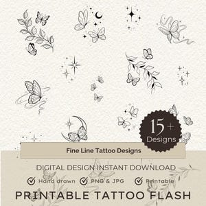 Könnte beinhalten: Eine Sammlung von feinen Tattoo-Designs mit Schmetterlingen, Sternen und Monden. Die Designs sind handgezeichnet und als digitaler Sofort-Download im PNG- und JPG-Format erhältlich. Der Text "15+ Designs" und "Printable Tattoo Flash" ist enthalten.