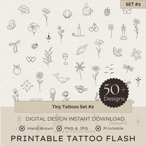 May include: A set of 50+ tiny tattoo designs, ideal for flash sheets. The designs are hand-drawn and include a variety of cute and trendy motifs, such as flowers, hearts, animals, and more.