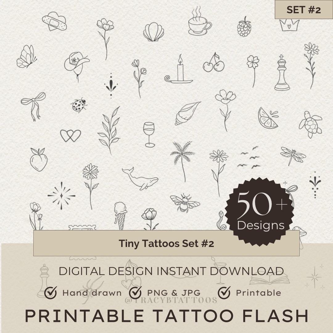 Tiny Tattoo Flash Sheet #2 50 Designs, JPG PDF PNG, Printable Stencil Ready Tattoo Designs, Minimalist Tattoo, Girly Tattoo