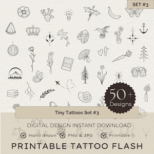 Puede incluir: Un conjunto de más de 50 pequeños diseños de tatuajes, perfectos para añadir un toque de personalidad a tu arte corporal. Los diseños están dibujados a mano e incluyen una variedad de motivos lindos y modernos, como flores, animales y formas geométricas. El conjunto está disponible para descarga instantánea en formatos PNG y JPG.
