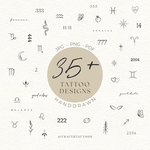 Tiny Tattoo Flash Sheet 35+ Designs, JPG/PNG, Printable Stencil Ready Tattoo Designs, Minimalist Tattoo Designs, Small Horoscope Tattoos