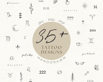 Tiny Tattoo Flash Sheet 35+ Designs, JPG/PNG, Printable Stencil Ready Tattoo Designs, Minimalist Tattoo Designs, Small Horoscope Tattoos
