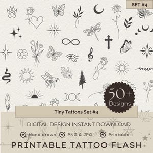Op de afbeelding: Een set van meer dan 50 kleine tatoeageontwerpen, perfect voor flash-tatoeages. De ontwerpen zijn met de hand getekend en bevatten een verscheidenheid aan symbolen, zoals sterren, harten, bloemen en dieren.