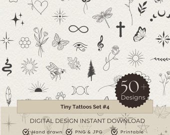 Tiny Tattoo Flash Sheet #4 50 Designs, JPG/PNG,  Stencil Ready Tattoo Designs, Minimalist Tattoo Designs, Small Simple Flash Tattoos