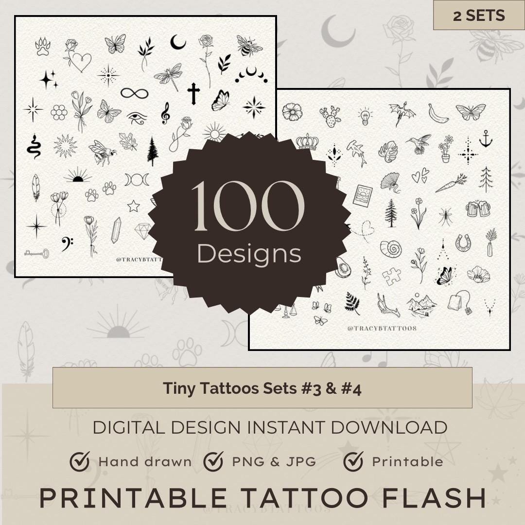 100+ Tiny Tattoo Designs Flash Sheet Bundle #3 & #4 combined, JPG /PNG, Minimalist Fineline Printable Stencil Ready Tattoo Designs