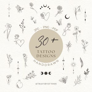 Peut inclure: Plus de 30 motifs de tatouage dessinés à la main, comprenant des fleurs, des abeilles, des papillons, des lunes et d'autres éléments célestes et botaniques. Les designs sont disponibles en formats JPG, PNG et PDF.
