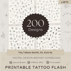 May include: A set of four printable tattoo flash sheets with 200 tiny tattoo designs. The designs are hand-drawn and include a variety of symbols, such as hearts, stars, flowers, and animals.
