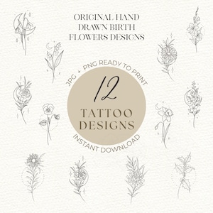 Op de afbeelding: Twaalf originele handgetekende geboortebloem-tattoo-ontwerpen. De ontwerpen bevatten verschillende bloemen, manen en sterren in een minimalistische stijl. JPG- en PNG-bestanden zijn inbegrepen.