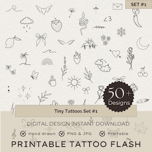 May include: A set of 50+ printable tattoo designs. The designs are simple and minimalist, and include a variety of popular tattoo motifs, such as hearts, stars, flowers, and animals. The designs are perfect for anyone who wants to add a touch of personality to their body art.