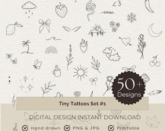 Tiny Tattoo Flash Sheet #1 50 Designs, JPG PDF PNG, Printable Stencil Ready Tattoo Designs, Minimalist Tattoo, Girly Tattoo