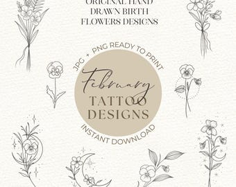 May include: A set of nine black and white line drawings of flowers and a crescent moon with stars. The drawings are labelled "February Tattoo Designs".