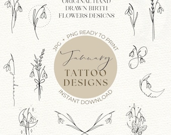 January Birth Flower Tattoo Designs: Fine Line Printable JPG/PNG for Stencils (Digital Download)