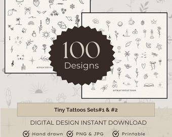 100+ Tiny Tattoo Designs Flash Sheet Bundle #1 & #2 combined, JPG /PNG, Minimalist Fineline Printable Stencil Ready Tattoo Designs