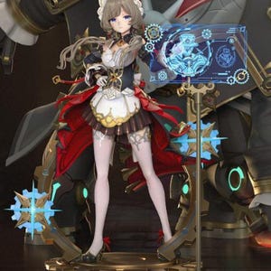 Pode incluir: Uma figura detalhada de estilo anime de uma personagem com cabelo castanho claro, vestindo um traje inspirado em empregada doméstica em branco e preto com saia vermelha. A figura está numa base em forma de engrenagem com interface azul.