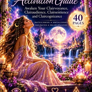May include: A 40-page guide titled The Clair Senses Activation Guide featuring a purple-clad figure in a landscape with a full moon, waterfalls, and mountains. The cover includes text about clairvoyance, clairaudience, clairsentience, and claircognizance.
