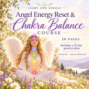 May include: A digital download titled Light and Angels Angel Energy Reset & Chakra Balance Course, 14 pages, including a 21-day practice plan. It features an illustration of a figure with large white wings meditating in a field of flowers.
