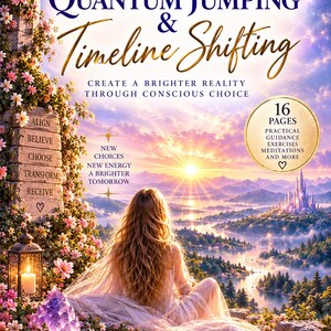 Op de afbeelding: Een boekomslag getiteld Quantum Jumping & Timeline Shifting met een persoon zittend op een klif uitkijkend over een zonsonderganglandschap met een kasteel, bloemen, een lantaarn en een paars kristal. Tekst bevat Light and Angels en 16 pagina's.