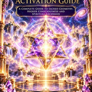 May include: A book cover titled Merkaba Activation Guide: A Complete Guide to Sacred Geometry, Higher Consciousness and Spiritual Ascension. The cover features a glowing golden star tetrahedron, floating islands with waterfalls, and purple crystals.
