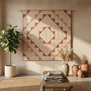 Könnte beinhalten: Ein großer, quadratischer Wandbehang-Quilt mit einem geometrischen Rautenmuster in Terrakotta- und Cremetönen. Der Quilt hängt an einer Holzstange und weist eine durchgehende, gitterartige Steppstruktur auf seiner gesamten Oberfläche auf.