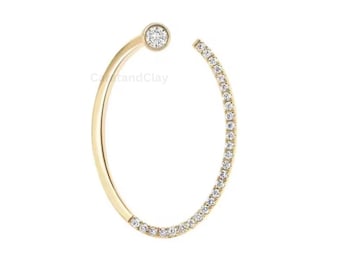 14K Solid Gold Diamond Earring Jacket, Bezel Set Solitaire Stud with Prong Oval Hoop, Two in One Convertible Stud Earring, Statement Jewelry