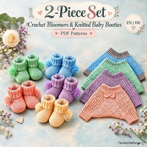Könnte beinhalten: Ein 2-teiliges Set aus PDF-Anleitungen für gehäkelte Pumphosen und gestrickte Babyschuhe. Das Bild zeigt vier Paar gestrickte Babyschuhe in Minzgrün, Blau, Lila und Pfirsich sowie vier Paar dazu passende gehäkelte Pumphosen.