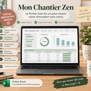 Peut inclure: Un écran d'ordinateur affichant le fichier de gestion de rénovation Mon Chantier Zen. L'interface présente un suivi budgétaire, des graphiques de dépenses et des pourcentages d'avancement en vert et gris, avec des onglets pour le budget et le planning.