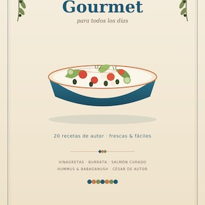 Può includere: Una copertina di libro intitolata Mati Cocina Ensaladas Gourmet para todos los días, con un'illustrazione grafica di un'insalata in una ciotola blu e testo che elenca 20 recetas de autor, vinagretas, burrata, salmón curado, hummus, babaganush e César de autor.