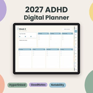 Digitaler ADHS-Planer 2027, GoodNotes-Notizfunktion, verlinkte Wochenübersichten für das iPad, Brainstorming- und Gewohnheitstracker