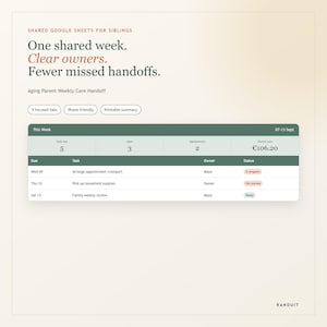 May include: A digital template for shared Google Sheets for siblings to manage aging parent care. The interface displays a weekly schedule with tasks, owners, and status indicators, featuring text like One shared week. Clear owners. Fewer missed handoffs.